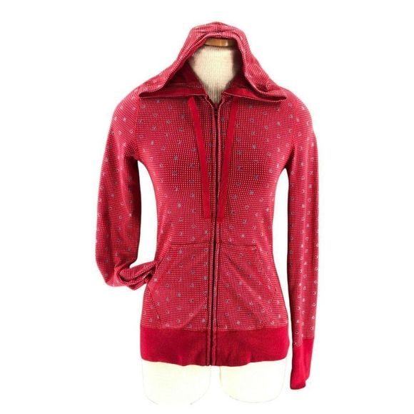e Womens Sweater Small Red Full Zip Hoodie Hearts Print Drawstring Neck Pockets - Picture 1 of 12